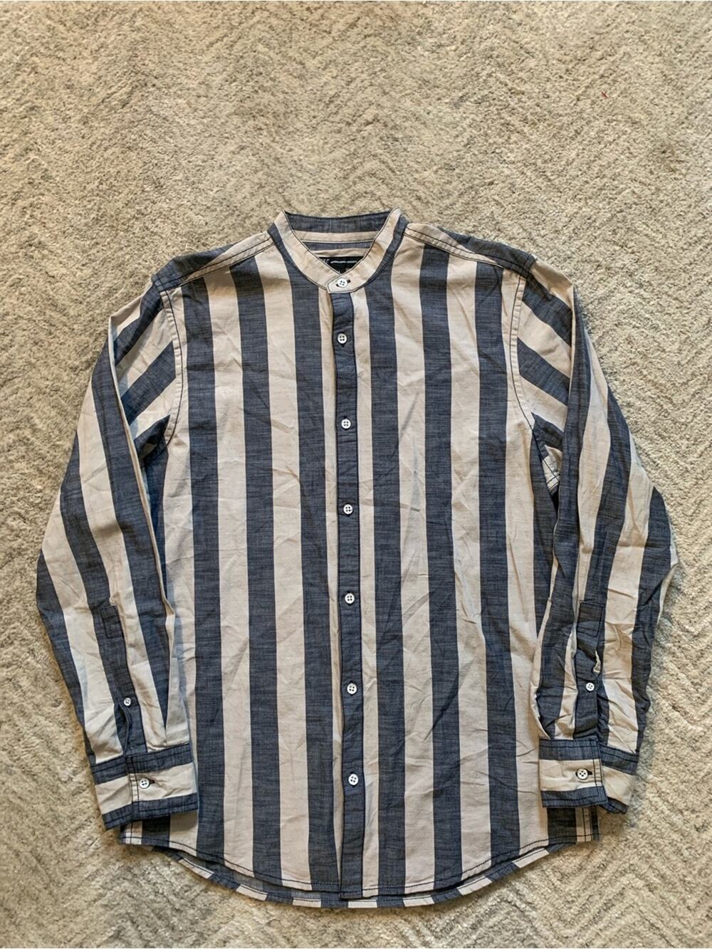 I.N.C Striped Button-Up Band Collar Shirt - Blue & Cream